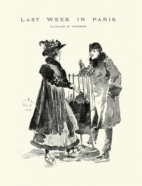 19世纪90年代，法国巴黎，穿着冰鞋的维多利亚时代法国男人和女人图片下载