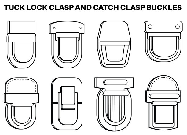 包Tuck锁关闭和捕捉扣扣平面素描矢量插图，一套皮包，钱包和手提包锁，关闭扣cad绘图模板图片下载
