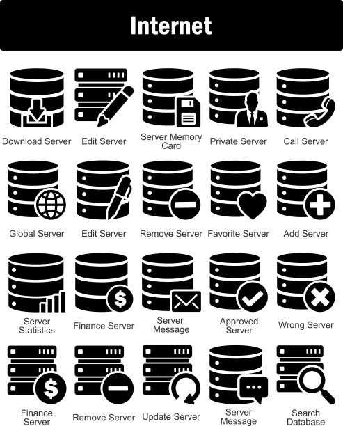 20个互联网图标集：下载服务器、编辑服务器、服务器存储卡图片下载