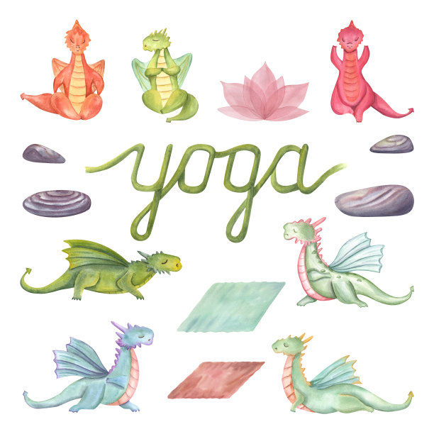 龙在做瑜伽。动物的冥想。彩龙，席子，石头，莲花。卡通风格。水彩插图孤立的白色背景。手绘剪贴画设计图片下载