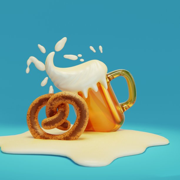 啤酒节的节日象征。满杯泡沫啤酒，椒盐脆饼面包和小麦穗，十月的节日，黄色背景。十月啤酒酒吧3d渲染棕色分级图片下载