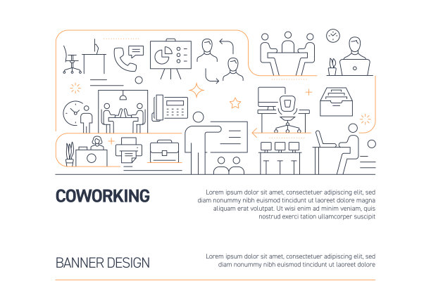 共同工作相关矢量旗帜设计概念，与图标的现代线条风格图片下载