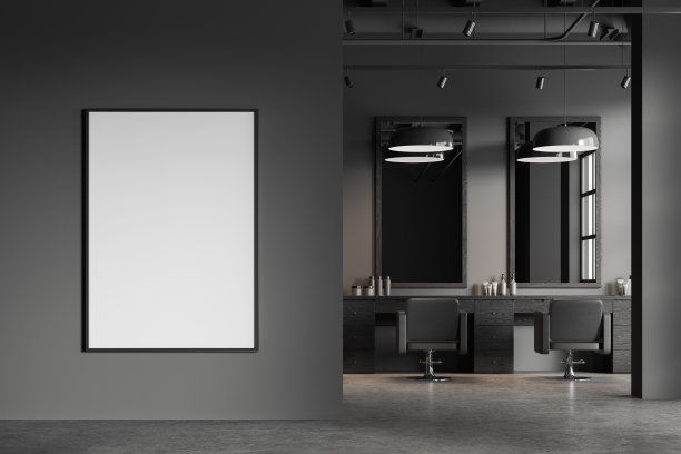 灰色理发店内部有理发椅和海报图片下载