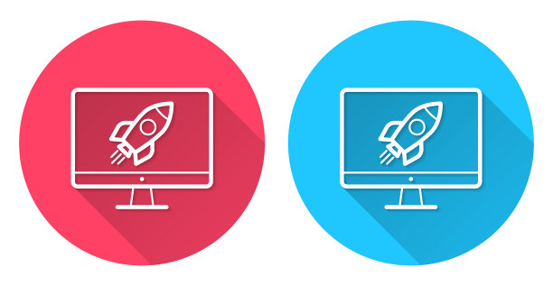 带有火箭的台式电脑。圆形图标与长阴影在红色或蓝色的背景图片下载