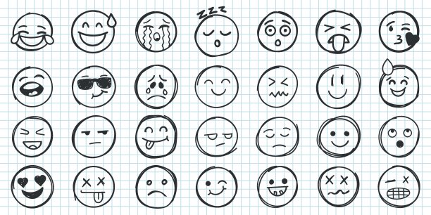 手绘风格的表情符号。涂鸦表情符号矢量插图孤立的背景。喜忧参半的招牌经营理念。图片下载