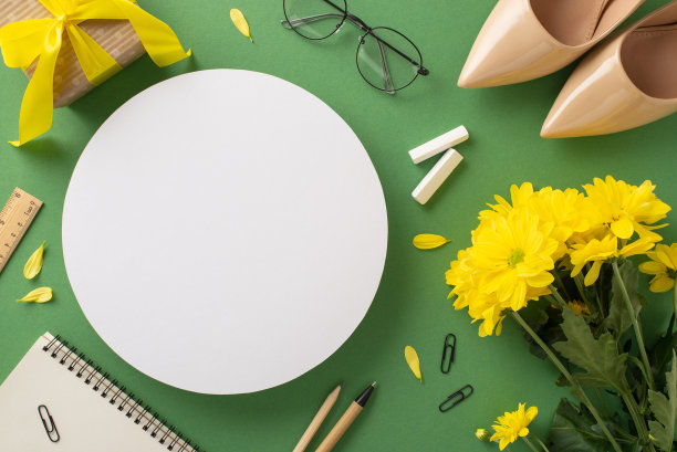在教师节表达谢意!俯视图照片特色教育用品，高跟鞋，菊花和礼盒在黑板孤立的背景。可以添加广告或文本图片下载