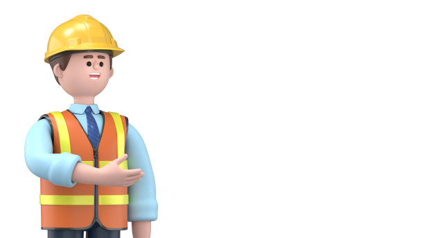 3D插图的男性工程师欧文显示手的方向。卡通人物站着的人指着手指的肖像，在蓝色背景上3D渲染。图片下载