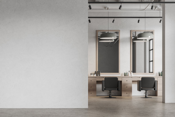 白色的理发店内部，有理发椅和空白的墙壁图片下载