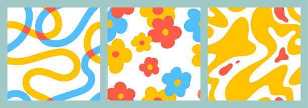 1970 Daisy无缝图案包与天真的groovy波浪和卷曲。复古潮与90年代风格的孩子。有趣的彩色涂鸦明亮的背景。极简主义托儿所印花在红色，蓝色和黄色。图片下载