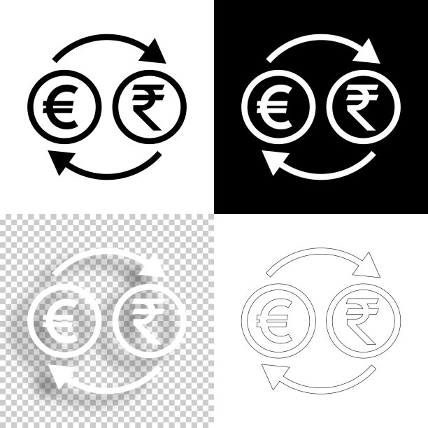 货币兑换-欧元印度卢比。图标设计。空白，白色和黑色背景-线图标图片下载