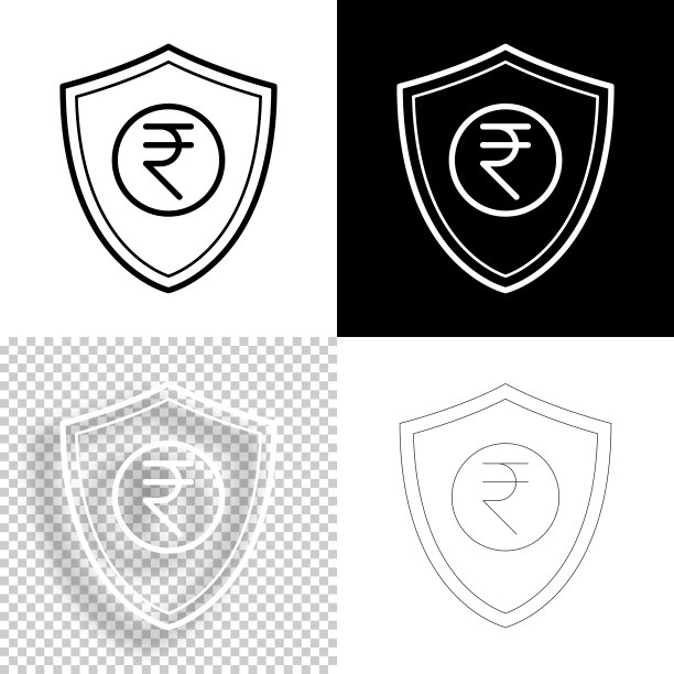 用印度卢比做盾牌。图标设计。空白，白色和黑色背景-线图标图片下载