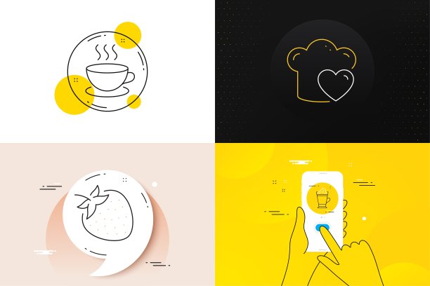 草莓、卡布奇诺和拿铁咖啡极简线条图标集，用于Web开发矢量素材图片下载