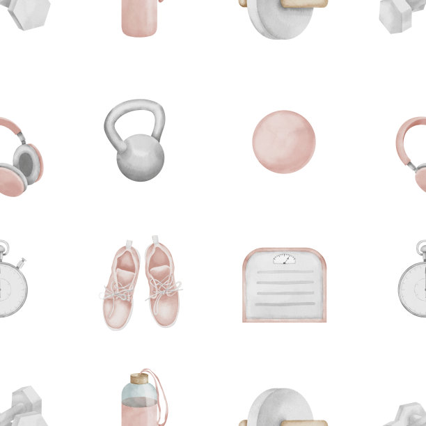 无缝花纹配合女性健身运动器材。手绘水彩插图运动工具在白色孤立的背景。女子健身服及织物印花图纸图片下载