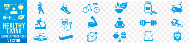 健康的生活方式可编辑线图标健康放松健康锻炼瑜伽水疗饮食健康收集。图片下载
