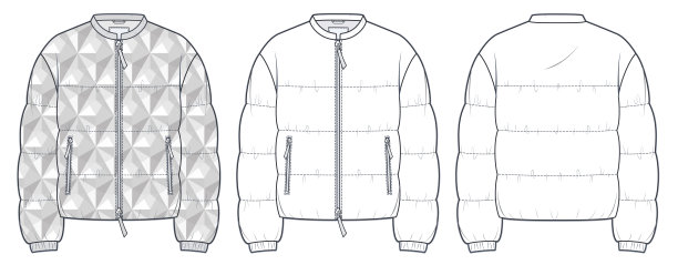 羽绒服技术时尚插画，几何印花。棉袄时尚平技术图纸模板，口袋，带领，前后视图，白色，灰色，女，男，男女通用的CAD模型集。图片下载