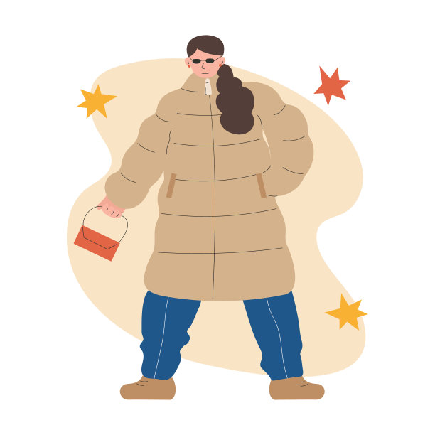 穿着保暖衣服的年轻现代女性。休闲时尚的城市街头风格的时尚服装。微笑的女人穿着暖和的羽绒服。秋季和冬季矢量插图图片下载