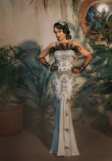 性感优雅的年轻女子在旧式银色复古长晚礼服黑色鸵鸟羽毛围巾冷波发型珍珠冠薄纱面纱手套。复古女孩的照片。咆哮20世纪20年代的时尚模特天后图片下载