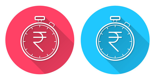 带有印度卢比标志的秒表。圆形图标与长阴影在红色或蓝色的背景图片下载