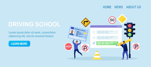 驾驶学校。男子通过驾照考试。人们学习交通规则，开车有指导员。持身份证者。驾驶教育，在线课程，国际驾照图片下载