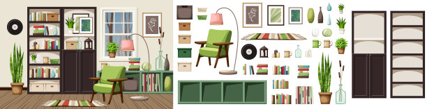 客厅的室内设计有书柜、扶手椅、书架和室内植物。家具集。内部构造函数。卡通矢量插图图片下载