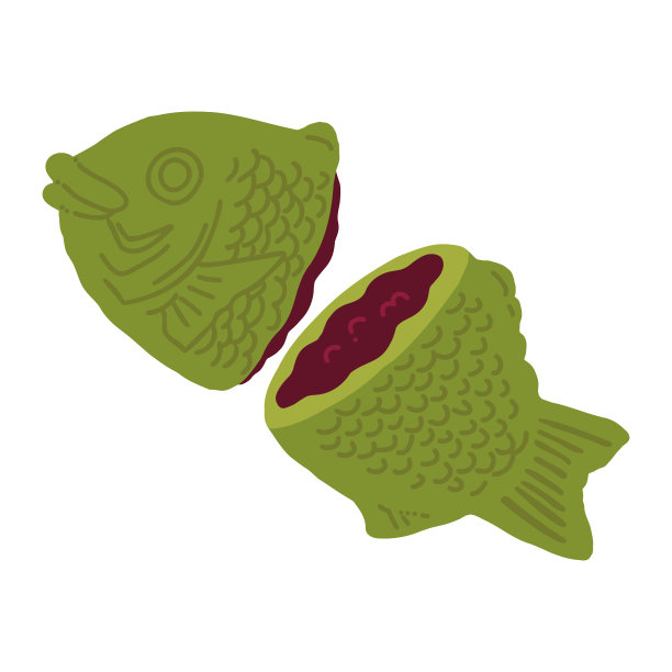 手绘彩色插图抹茶太烧与过滤豆沙切成两半。图片下载