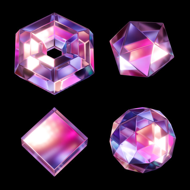 3d渲染，各种晶体。面玻璃形状的集合，简单的几何剪贴艺术设置孤立的黑色背景图片下载