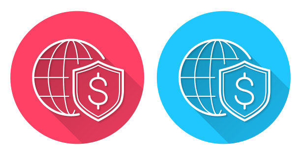 带有地球仪的美元盾牌。圆形图标与长阴影在红色或蓝色的背景图片下载