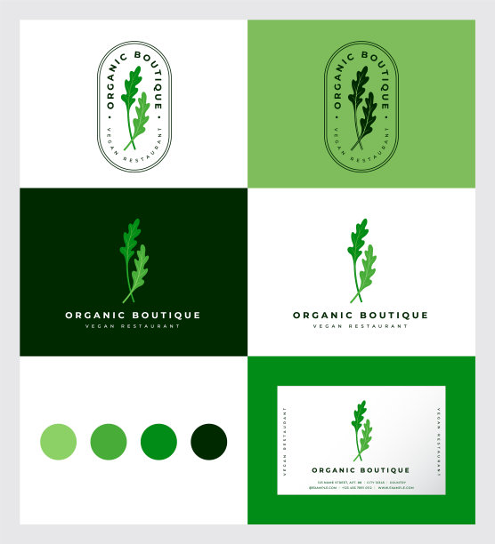 有机精品标志。素食餐厅的招牌。芝麻菜的叶在圆形框架与字母。的身份。的名片。图片下载