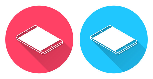 等距平板电脑-平面位置。圆形图标与长阴影在红色或蓝色的背景图片下载