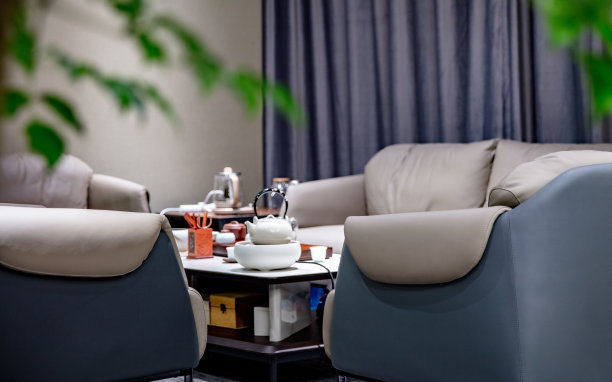 室内休息区配有中国茶具和沙发图片下载