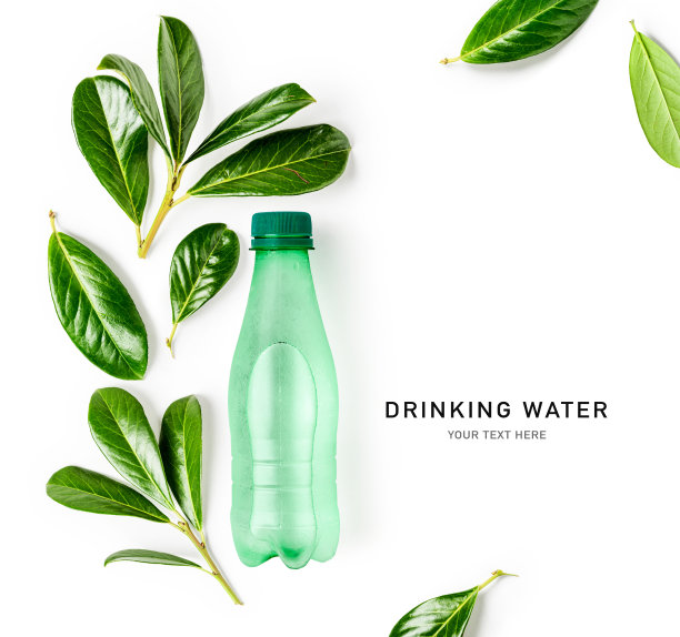 饮用水装在塑料瓶里，绿叶隔离在白色上图片下载