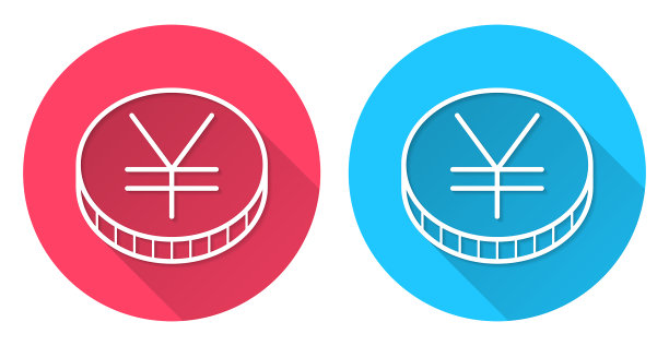 日元硬币。圆形图标与长阴影在红色或蓝色的背景图片下载