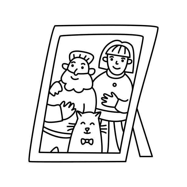 一对夫妇和一只宠物的相框全家福。人与猫的肖像。手绘涂鸦矢量插图，黑色轮廓。图片下载