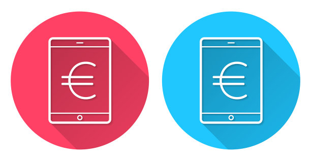 带有欧元标志的平板电脑。圆形图标与长阴影在红色或蓝色的背景图片下载