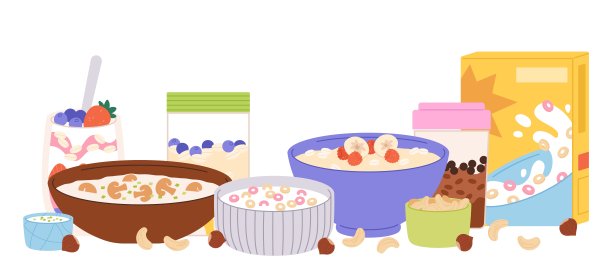 粥和玉米片。单独的碗里有牛奶和快餐早餐，格兰诺拉麦片和坚果。健康零食，载体儿童餐盘概念图片下载