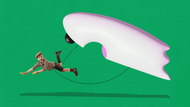 当代艺术拼贴。巨大的白色可怕的幽灵捕捉坠落震惊的小男孩穿着复古的服装孤立的绿色背景。图片下载