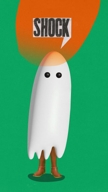 当代艺术拼贴。巨大的白色幽灵，黑色的大眼睛和文字泡沫，震撼孤立的绿色背景。图片下载