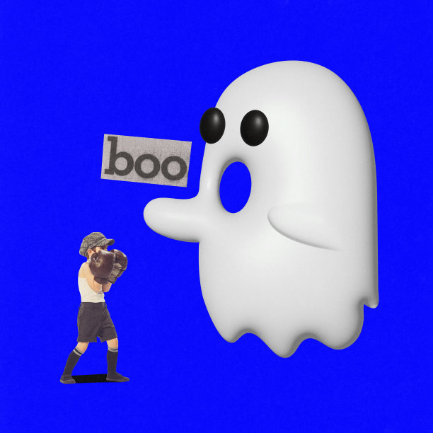 照片拼贴。当代艺术品。最小的图片可怕的奇怪的怪物抓住男孩在拳击手套大喊boo孤立生动的蓝色背景。图片下载