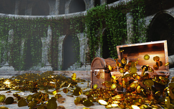 财政部大厅。成堆的金币，成堆的箱子和宝盒。国库、王国和城堡。寻找失落的古代宝藏的概念。三维渲染图片下载