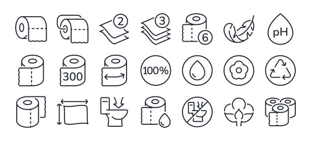 卫生纸卷可编辑的笔画轮廓图标集隔离在白色背景平面矢量插图。像素完美。64 × 64。图片下载