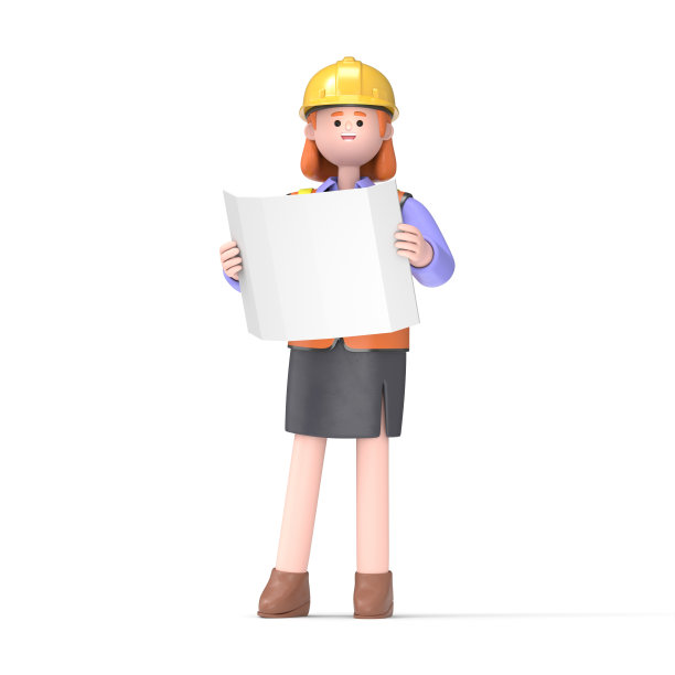 女工程师帕姆的3D插图与阅读图纸。白色背景的3D渲染。图片下载