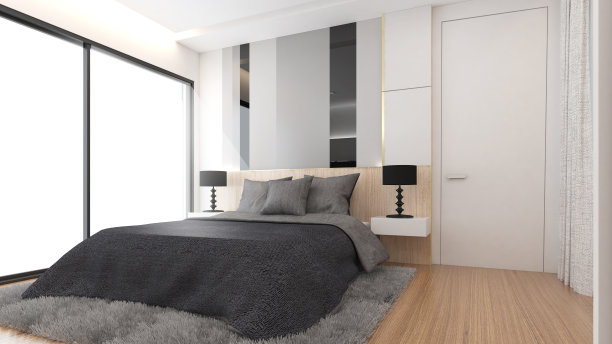 现代卧室里的木地板和衣柜。, 3 d渲染图片下载