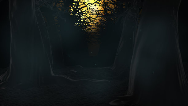 飞行的蝙蝠和月亮的夜晚为背景，万圣节活动与黑暗森林和雾，烟雾，3D渲染图片下载