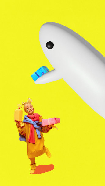 当代艺术拼贴。小女孩穿着色彩鲜艳的衣服赠送礼物，以吓人的怪鬼孤立的黄色背景。图片下载