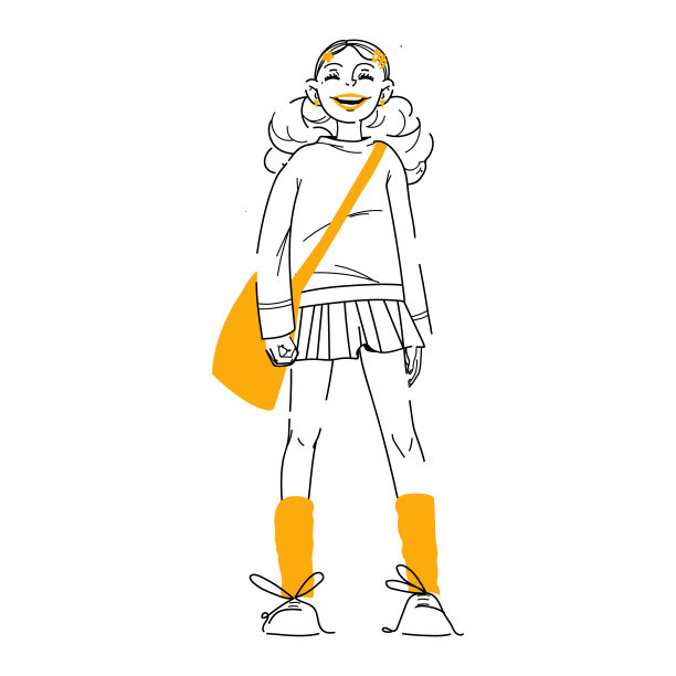 可爱的小女孩穿着套头衫和裙子，肩上有帆布包。黑色轮廓矢量插图，女性角色设计。隔离在白色背景上图片下载