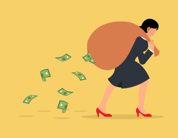 财务问题。女商人提着装满现金的大袋子跑着，钱从袋子里掉出来。图片下载