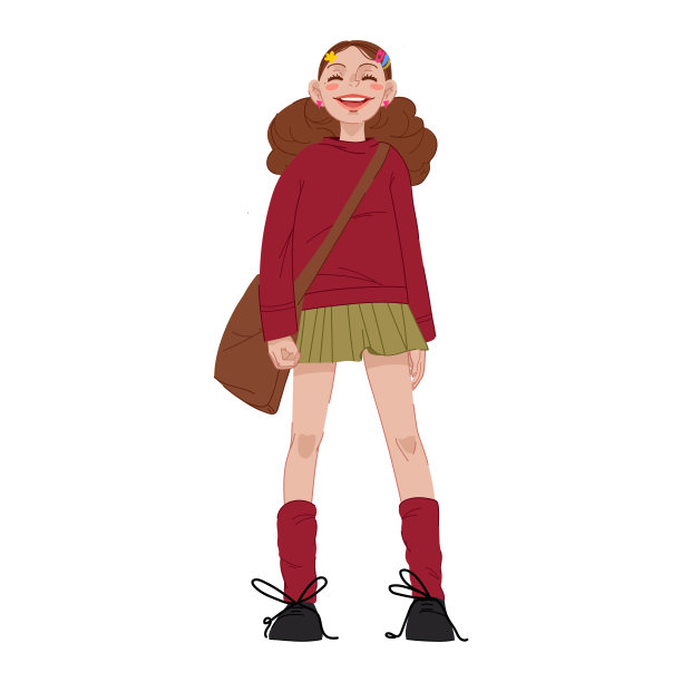 可爱美丽的女孩在套头衫和裙子，与帆布肩包。女人性格矢量插图隔离在白色背景上图片下载