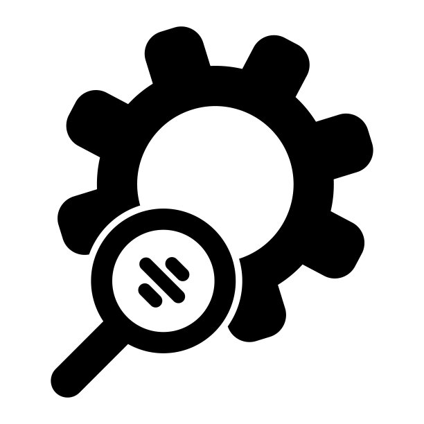 搜索齿轮实心图标。放大镜和发展矢量插图孤立的白色。设置和应用程序的字形样式。图片下载