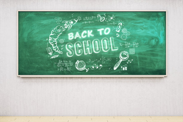 室内混凝土墙，黑板上有创意的返校素描。教育，知识，智慧观念。三维渲染图片下载