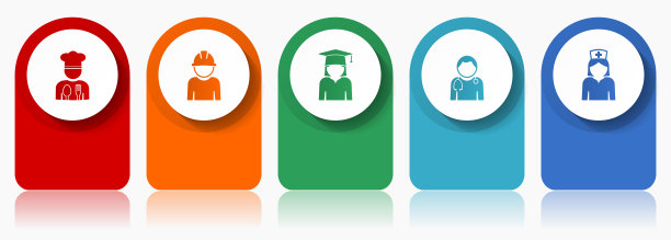 人力资源图标集，平面设计各种彩色图标，如厨师，工人，学生，医生和护士的网页设计和移动应用程序，信息图矢量模板在eps 10图片下载